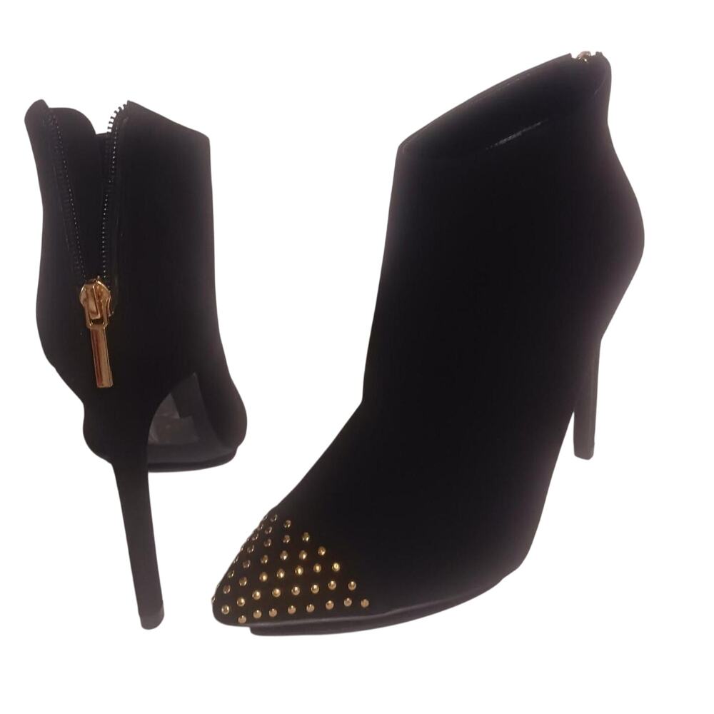 Express suede 8.5 studded 4.5" heel gold studded zippered stiletto booties